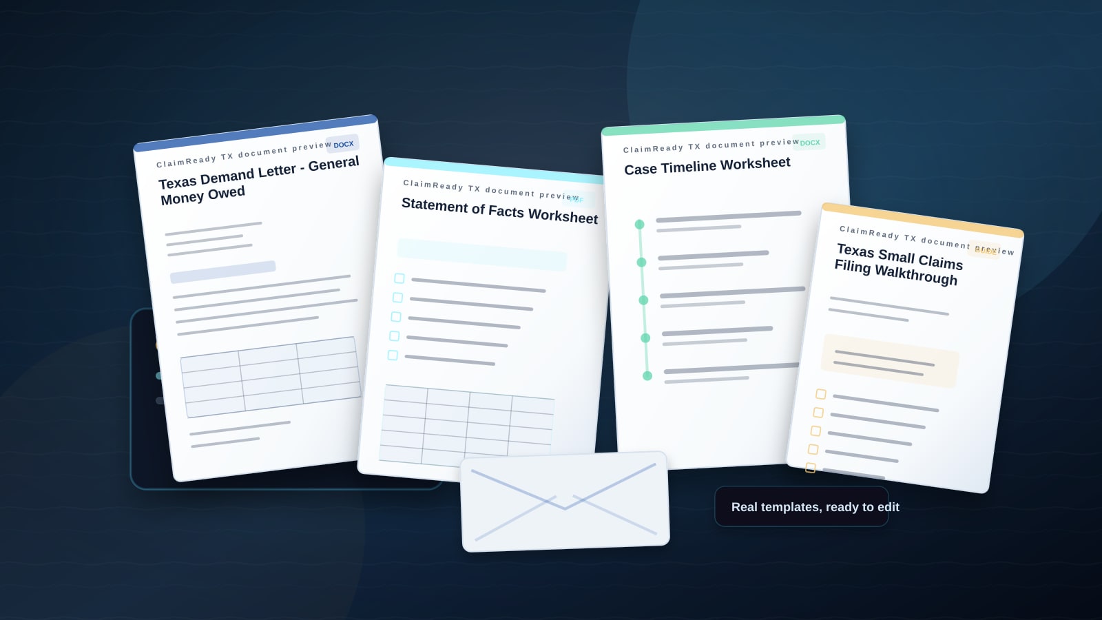 Stack of ClaimReady TX editable document previews on a dark desk
