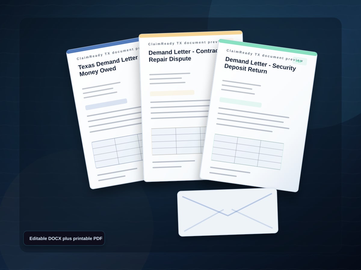 Document preview for the Demand Letter Pack showing multiple Texas demand letter templates.