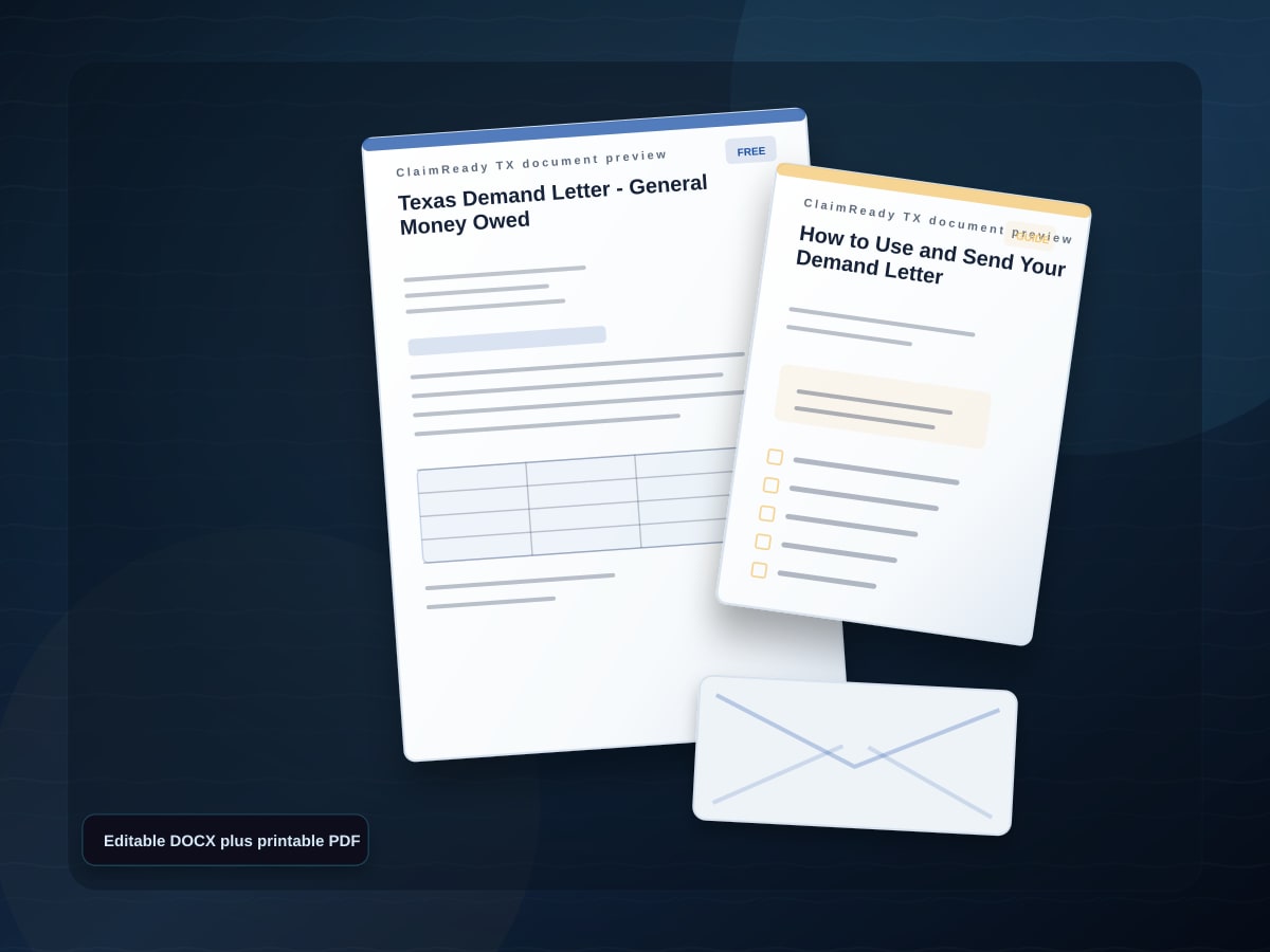 Document preview for the Free Texas Demand Letter showing the editable letter and sending guide.