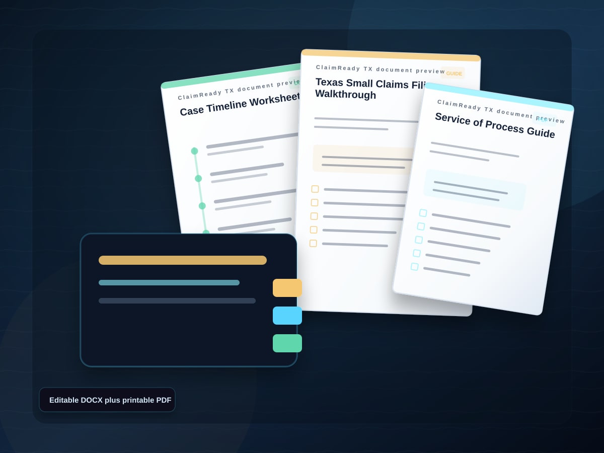 Document preview for the Full Texas Small Claims Starter Kit showing filing, timeline, and service documents.