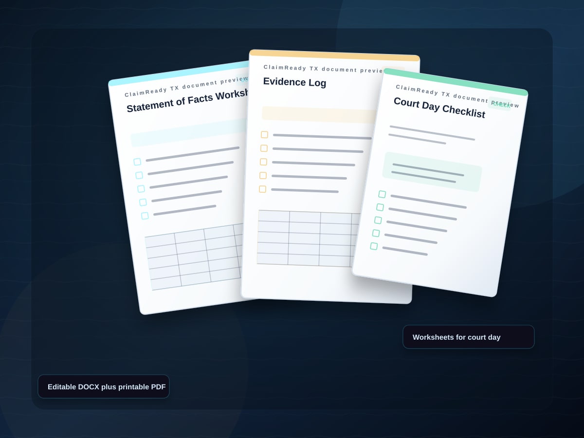 Document preview for the Hearing Prep Pack showing court-day worksheets and evidence logs.