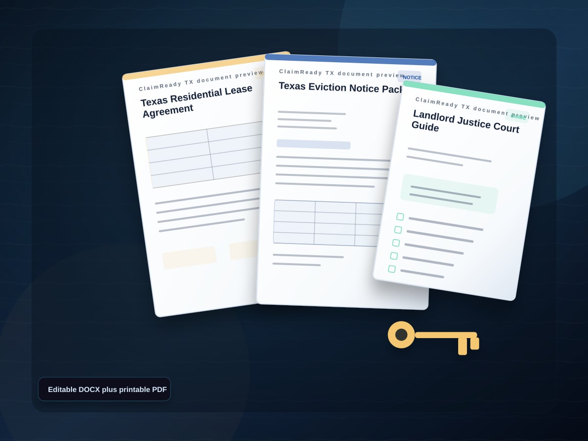 Document preview for the Texas Landlord Forms Pack showing lease, notice, and landlord guide documents.