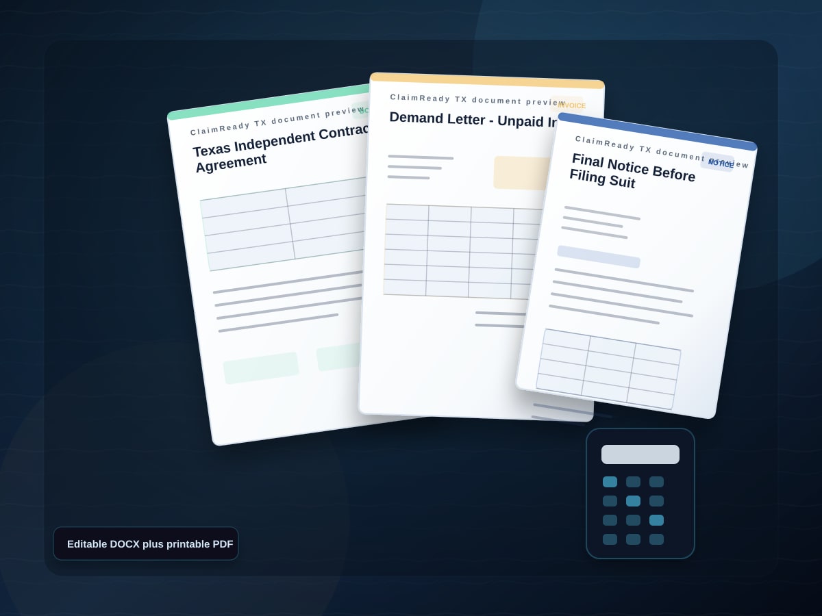 Document preview for the Texas Small Business Collections Pack showing agreement, invoice, and final-notice documents.
